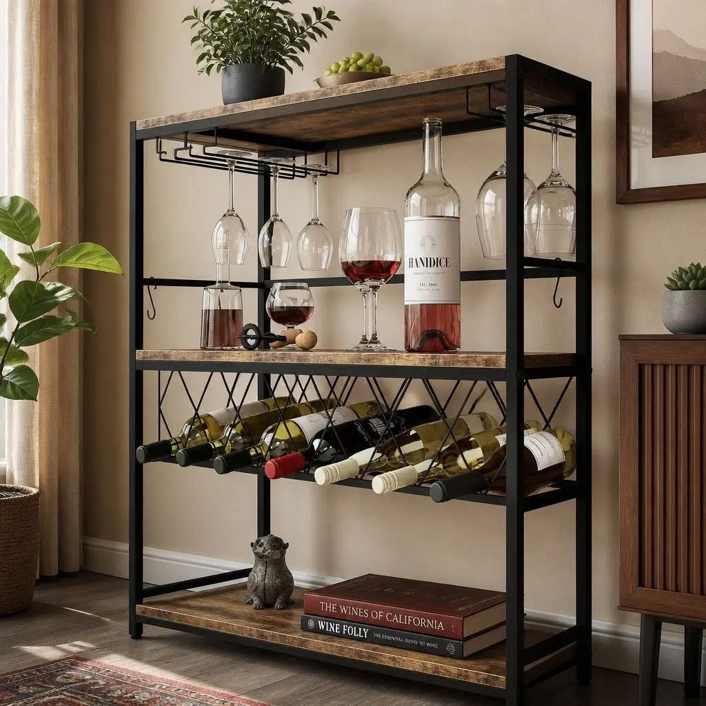 Wine Rack for Kitchen Bar Pantry Cellar Large Metal Frame Wood Countertop 20 Bottle Storage