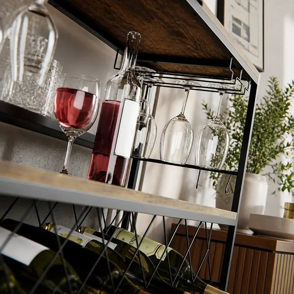 Wine Rack for Kitchen Bar Pantry Cellar Large Metal Frame Wood Countertop 20 Bottle Storage