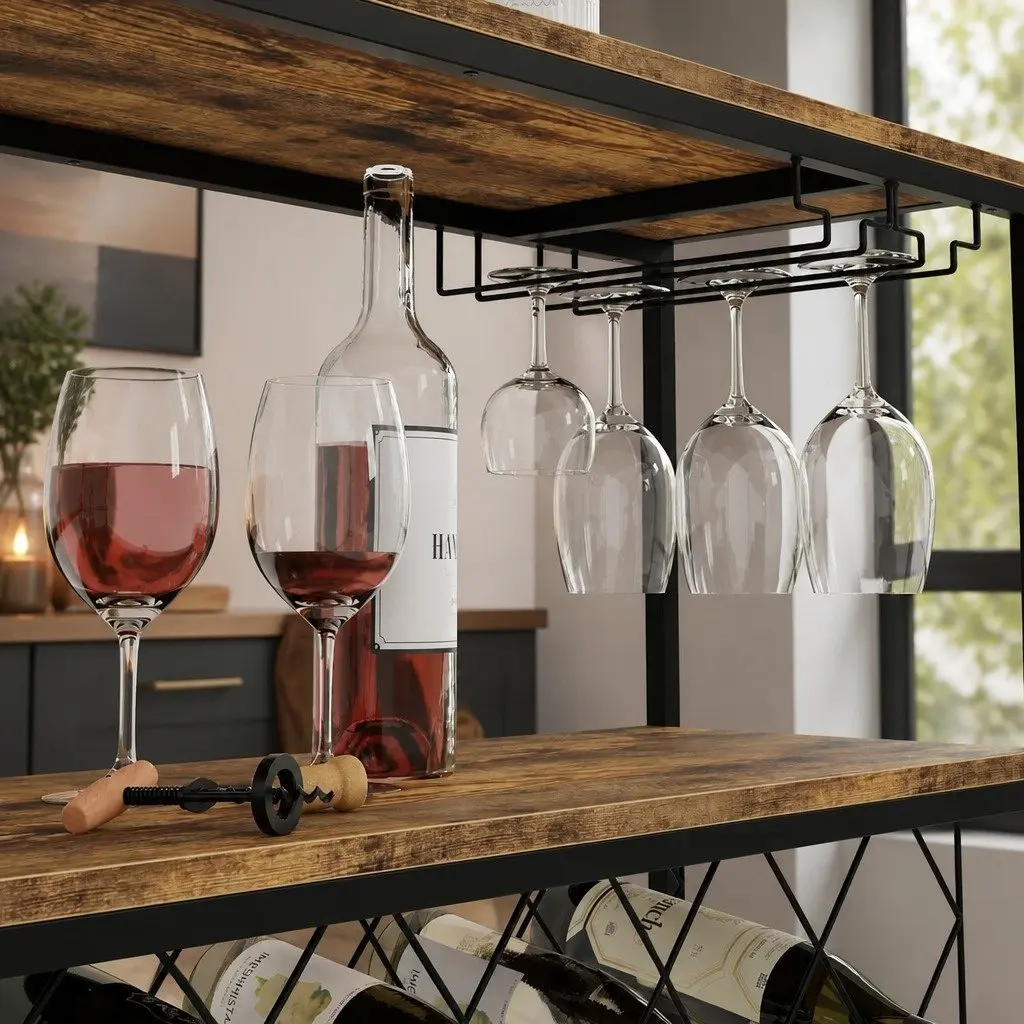 Wine Rack for Kitchen Bar Pantry Cellar Large Metal Frame Wood Countertop 20 Bottle Storage