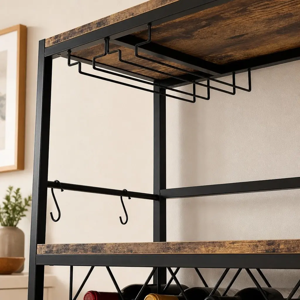 Wine Rack for Kitchen Bar Pantry Cellar Large Metal Frame Wood Countertop 20 Bottle Storage