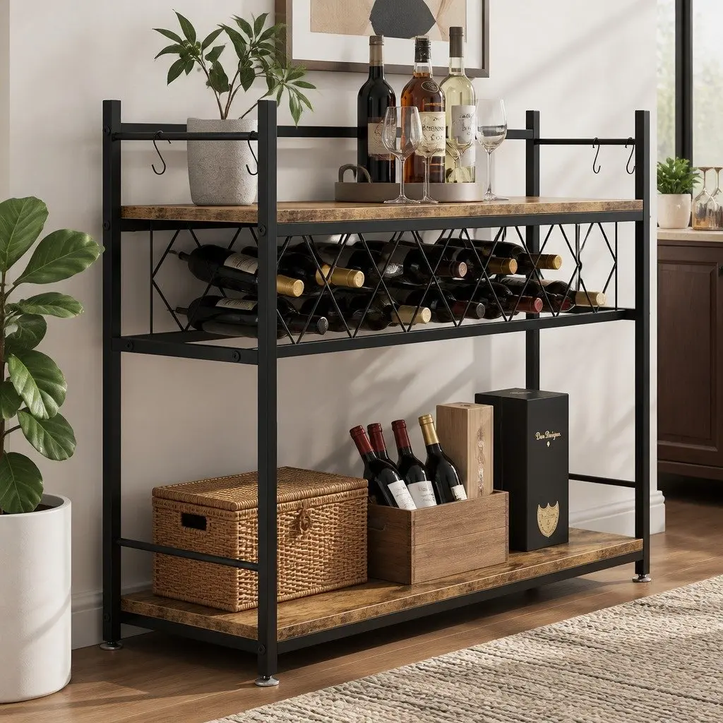 Wine Rack for Kitchen Bar Pantry Cellar Large Metal Frame Wood Countertop 20 Bottle Storage