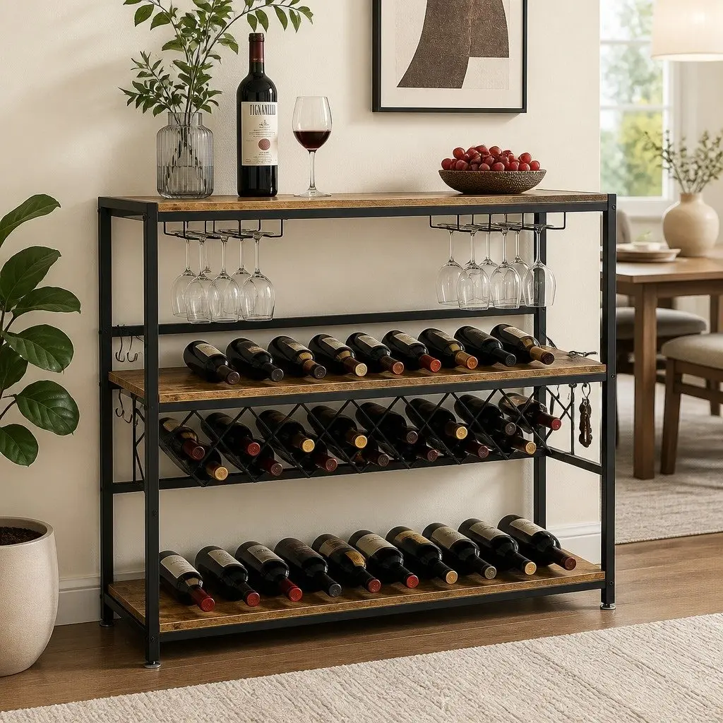 Wine Rack for Kitchen Bar Pantry Cellar Large Metal Frame Wood Countertop 20 Bottle Storage