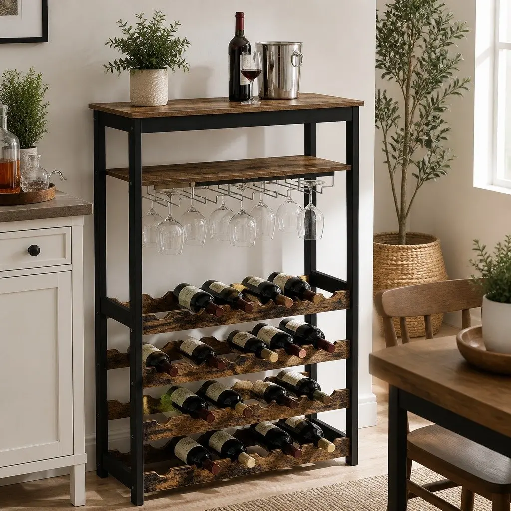 Large Wine Rack for 24 Bottles and 10 Glasses with Metal Frame Wood Countertop
