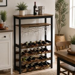 Large Wine Rack for 24 Bottles and 10 Glasses with Metal Frame Wood Countertop