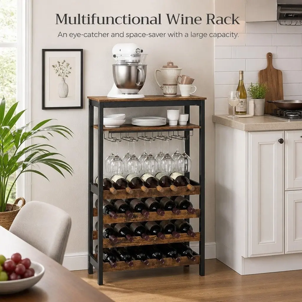 Wine Rack for Kitchen Bar Pantry Cellar 24 Bottles 10 Glasses Metal Frame Wood Countertop