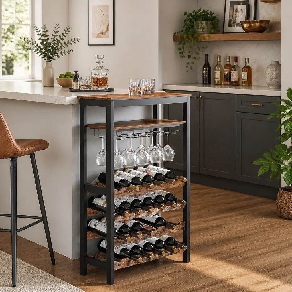 Wine Rack for Kitchen Bar Pantry Cellar 24 Bottles 10 Glasses Metal Frame Wood Countertop