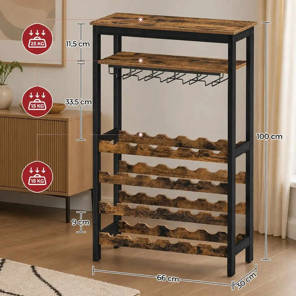 Wine Rack for Kitchen Bar Pantry Cellar 24 Bottles 10 Glasses Metal Frame Wood Countertop