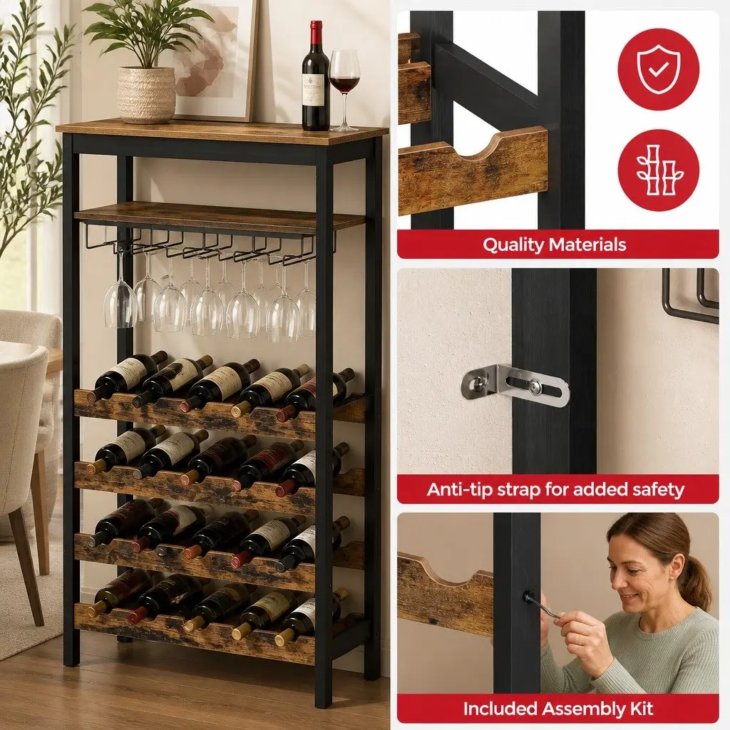 Wine Rack for Kitchen Bar Pantry Cellar 24 Bottles 10 Glasses Metal Frame Wood Countertop