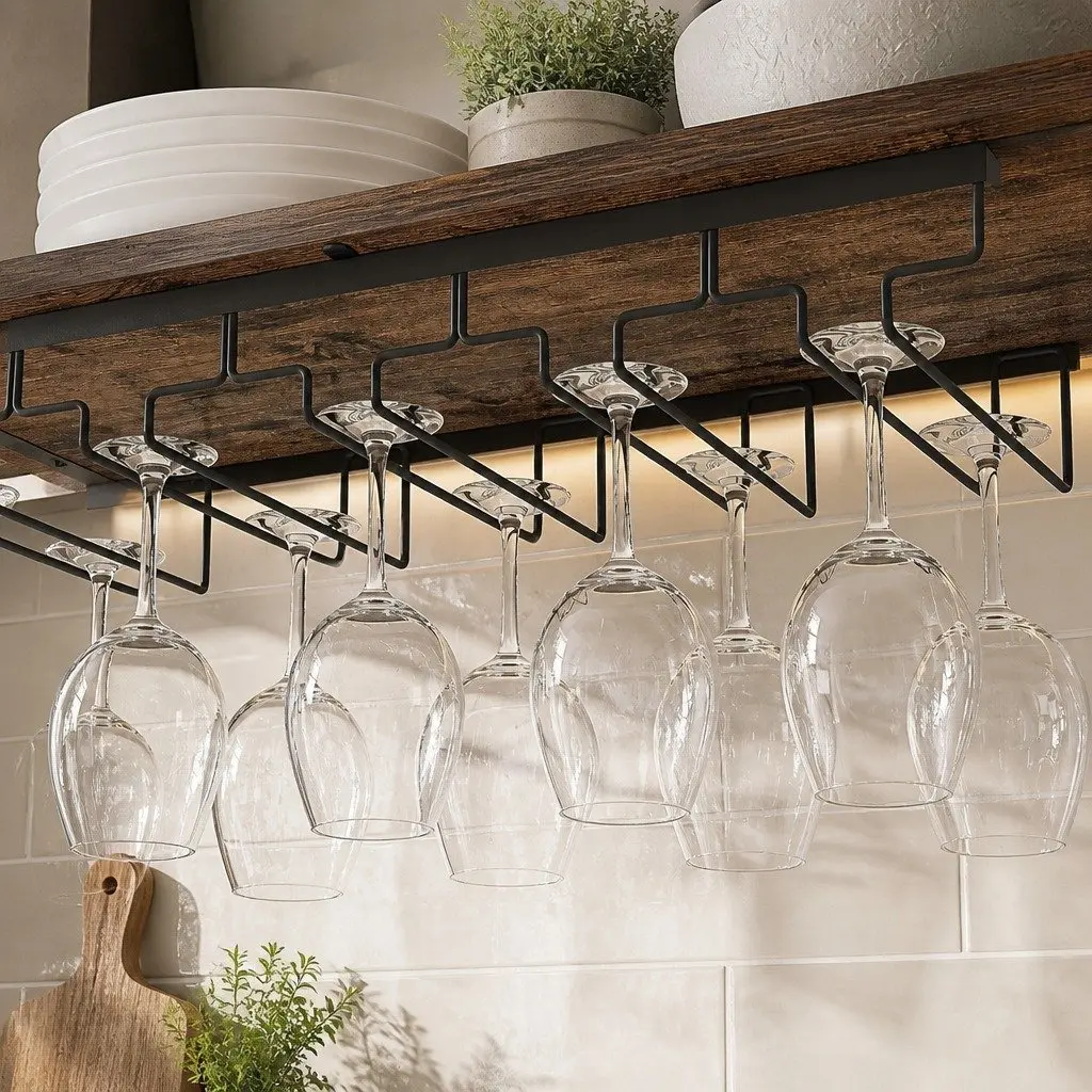 Wine Rack for Kitchen Bar Pantry Cellar 24 Bottles 10 Glasses Metal Frame Wood Countertop