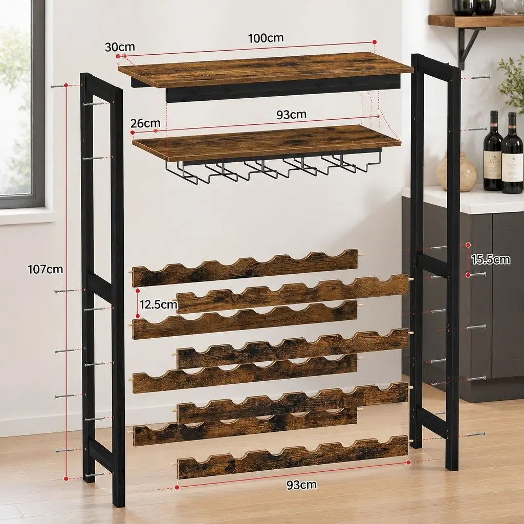 Wine Rack for Kitchen Bar Pantry Cellar 24 Bottles 10 Glasses Metal Frame Wood Countertop