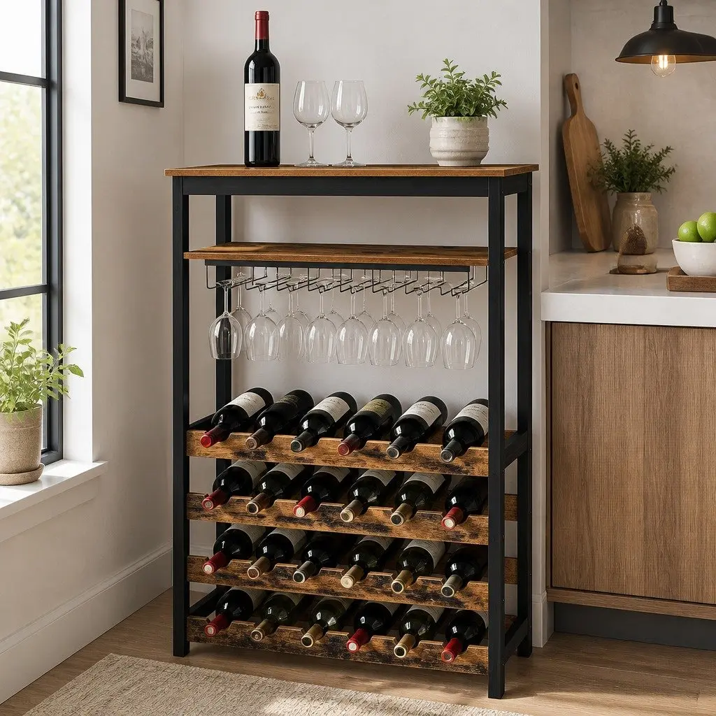 Wine Rack for Kitchen Bar Pantry Cellar 24 Bottles 10 Glasses Metal Frame Wood Countertop