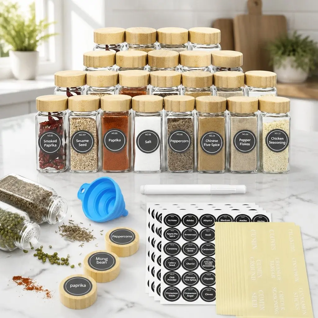 Glass Spice Jars 24pc Set Bamboo Lids Shaker Tops Labels Pen Funnel Kitchen