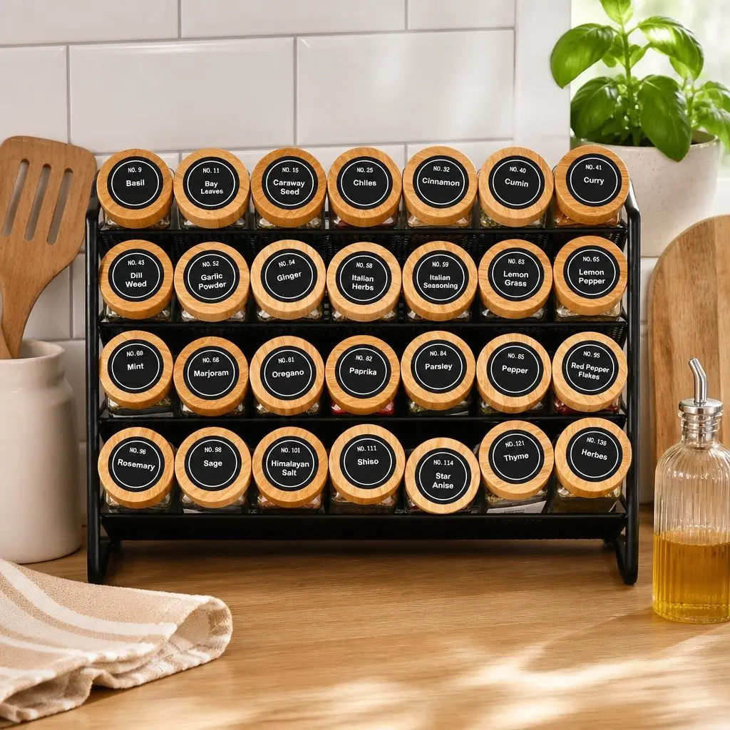 Glass Spice Jars 24pc Set Bamboo Lids Shaker Tops Labels Pen Funnel Kitchen
