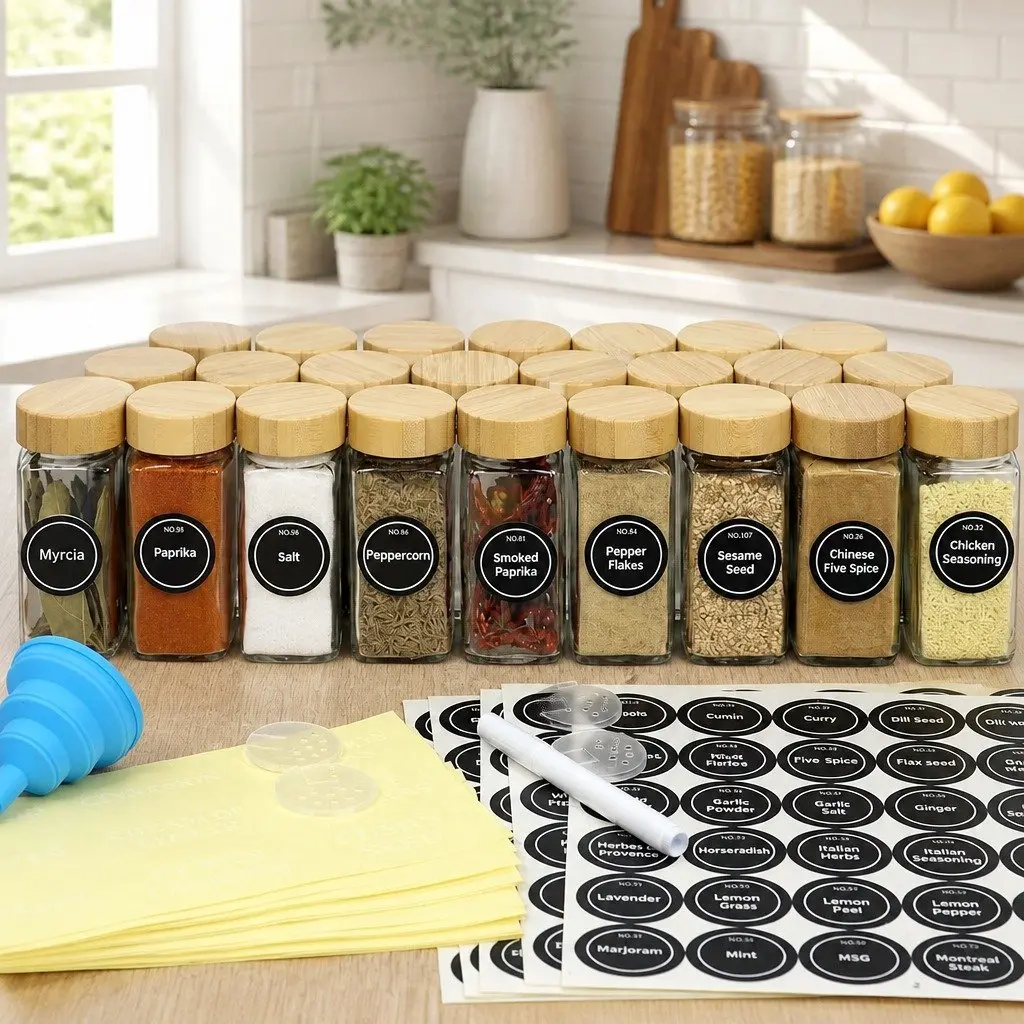 Glass Spice Jars 24pc Set Bamboo Lids Shaker Tops Labels Pen Funnel Kitchen