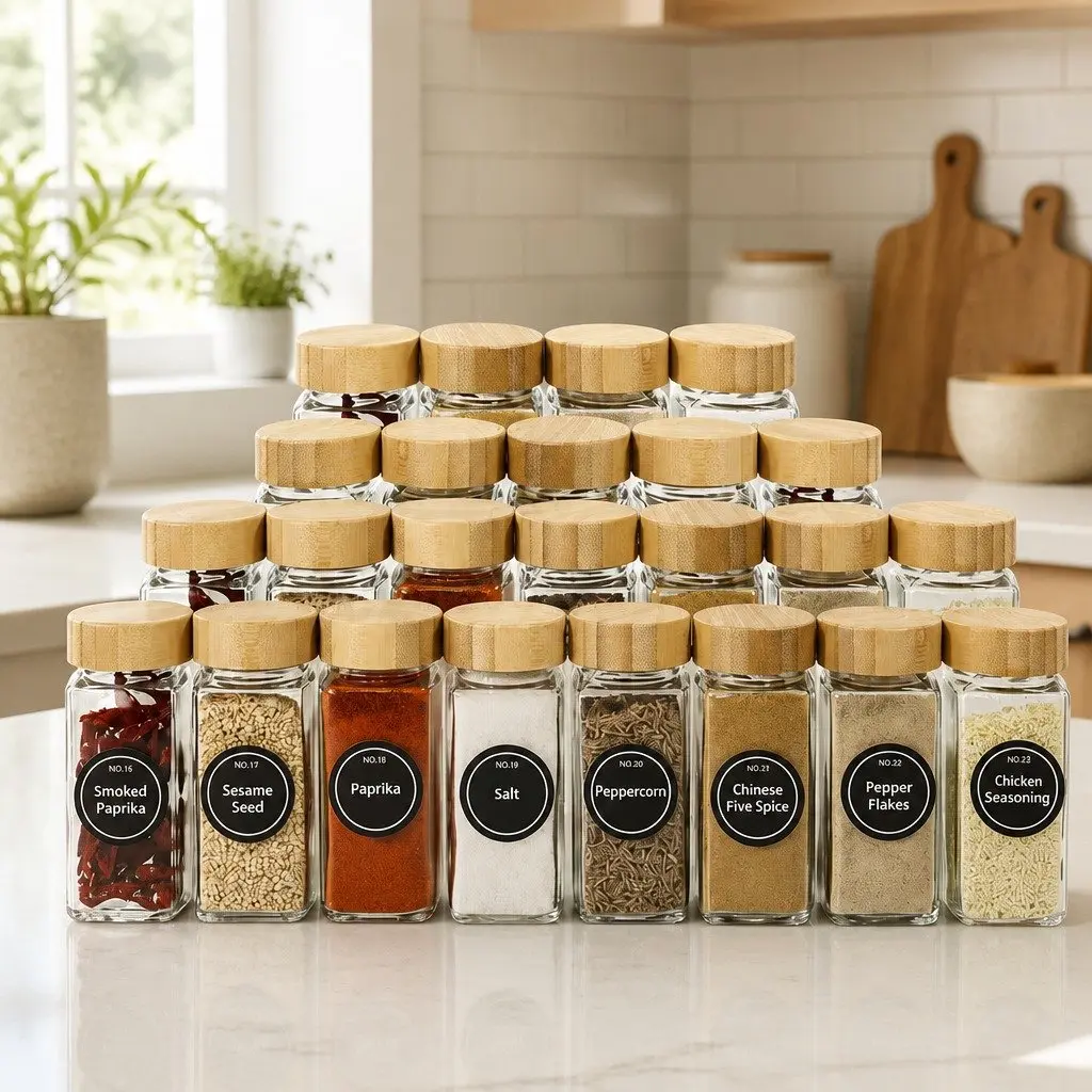 Glass Spice Jars 24pc Set Bamboo Lids Shaker Tops Labels Pen Funnel Kitchen
