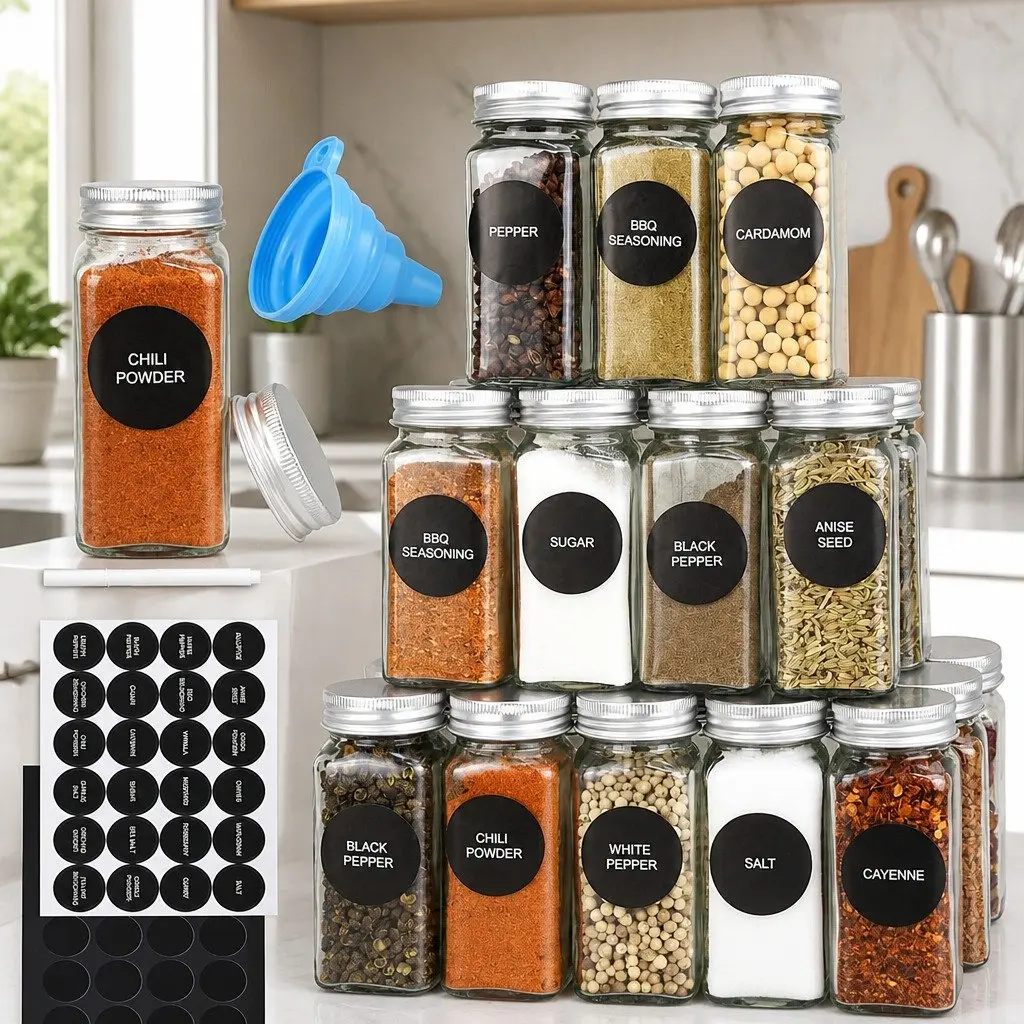 Glass Spice Jars for Kitchen Storage 24 Pack with Shaker Lids Labels and Funnel