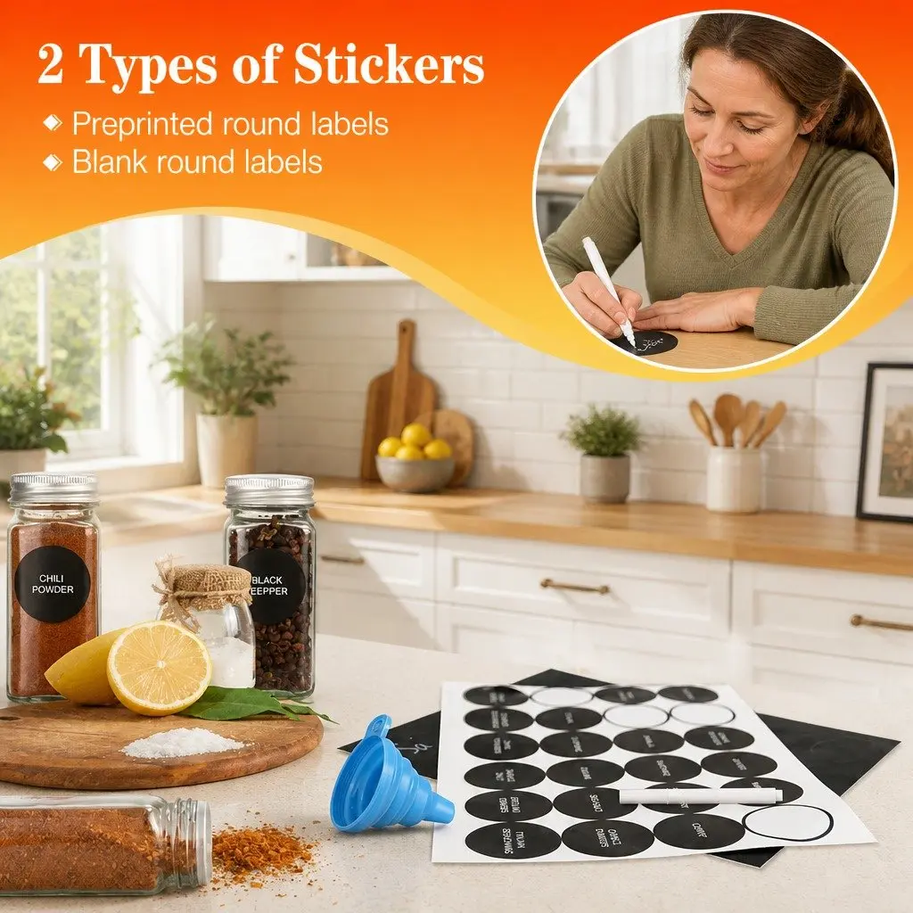 Glass Spice Jars for Kitchen Storage 24 Pack with Shaker Lids Labels and Funnel