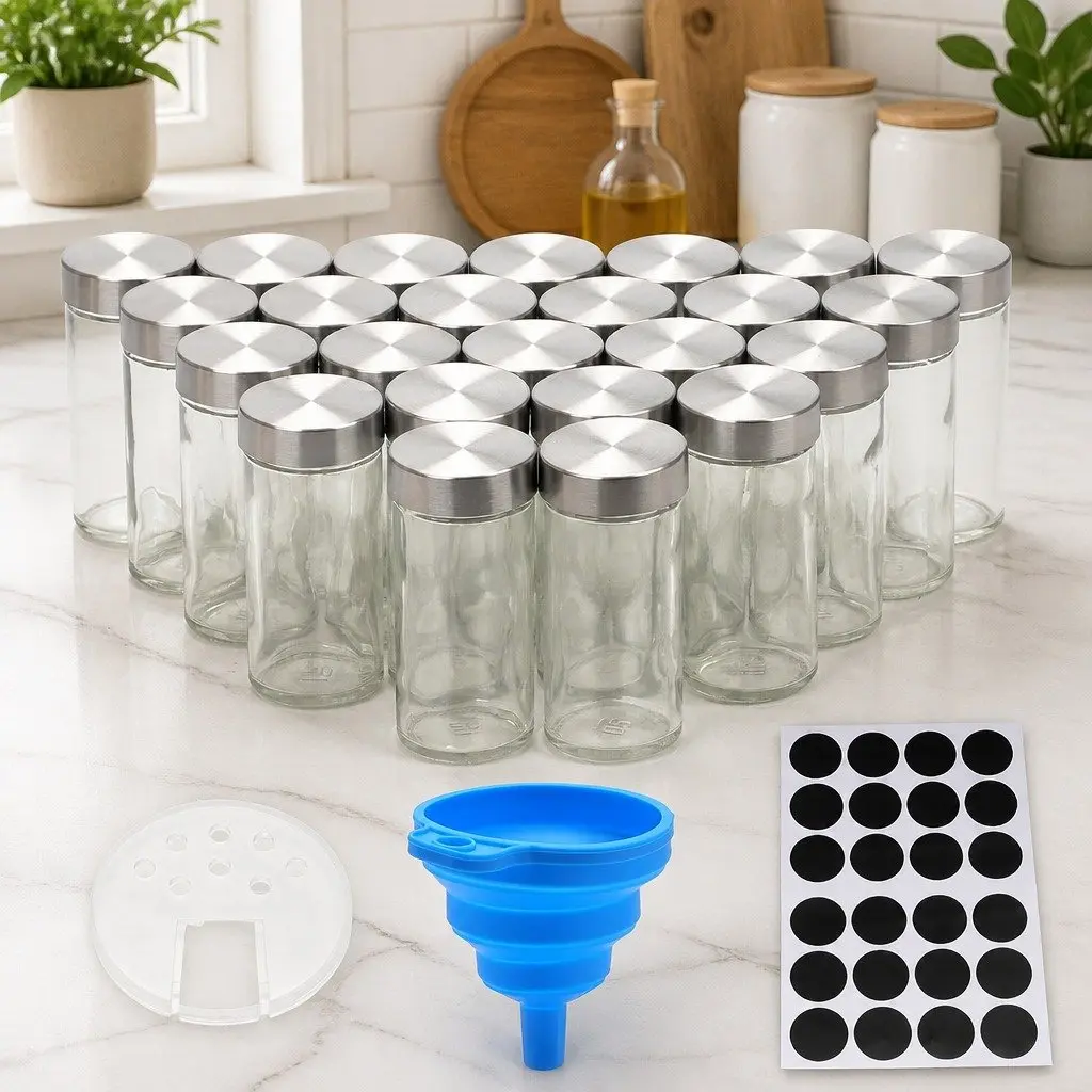 Glass Spice Jars for Kitchen Storage 24 Pack with Shaker Lids Labels and Funnel