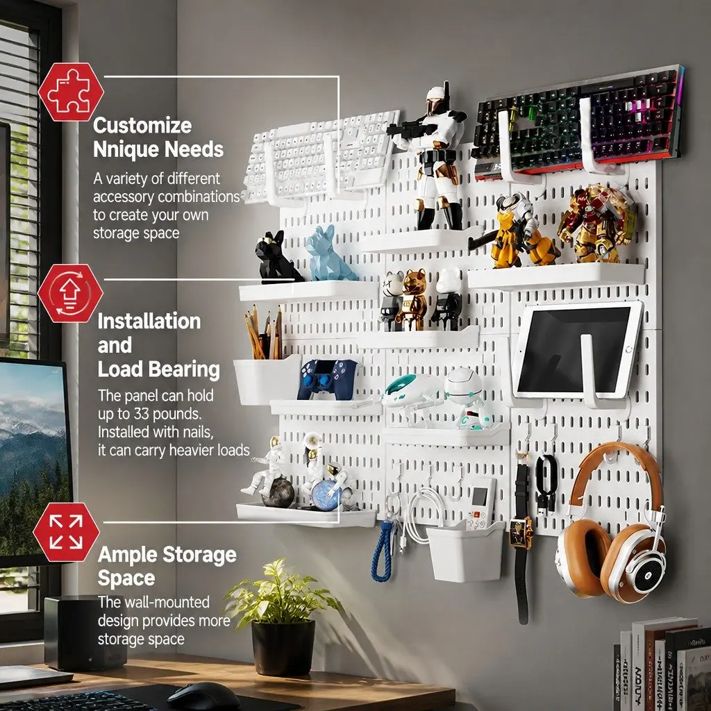 Pegboard Wall Organizer Kit Office Gaming Craft Room 3 Modular Panels 17 Accessories