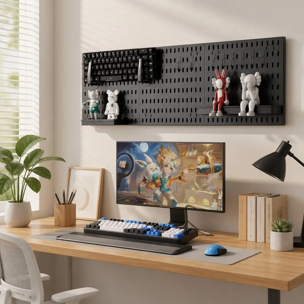 Pegboard Wall Organizer Kit for Gaming Office 3 Modular Black Panels 17 Accessories