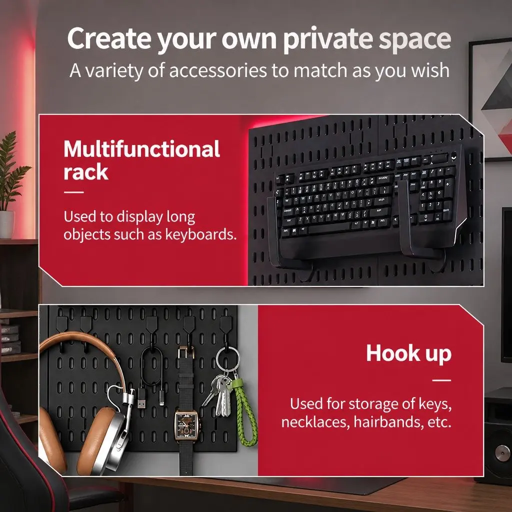 Pegboard Wall Organizer Kit for Gaming Office 3 Modular Black Panels 17 Accessories
