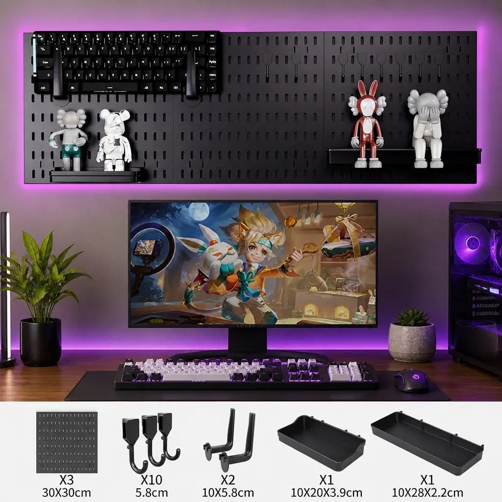 Pegboard Wall Organizer Kit for Gaming Office 3 Modular Black Panels 17 Accessories