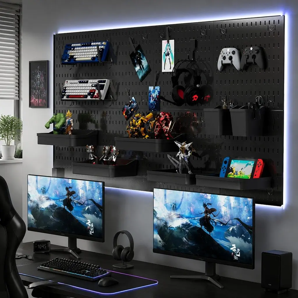 Pegboard Wall Organizer Kit for Gaming Office 3 Modular Black Panels 17 Accessories