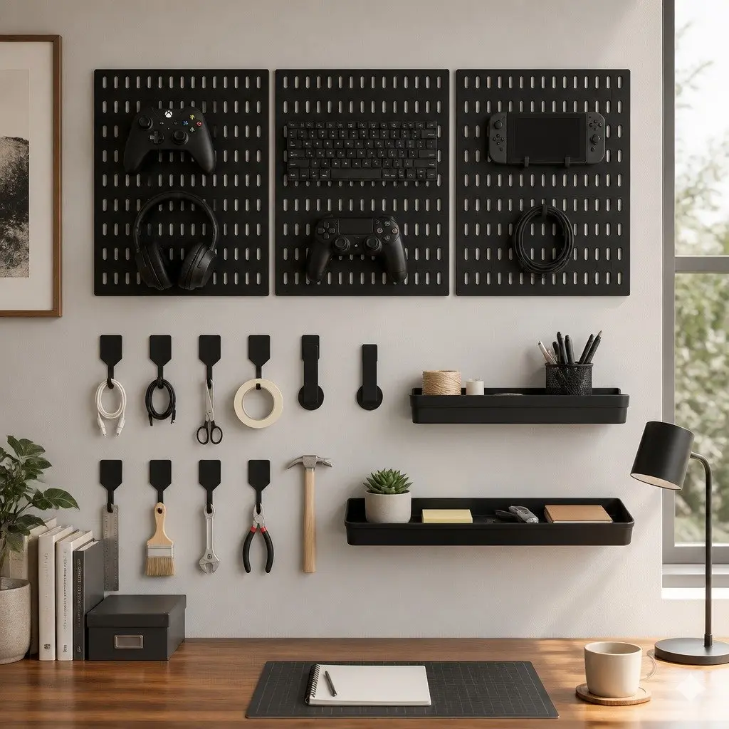 Pegboard Wall Organizer Kit for Gaming Office 3 Modular Black Panels 17 Accessories