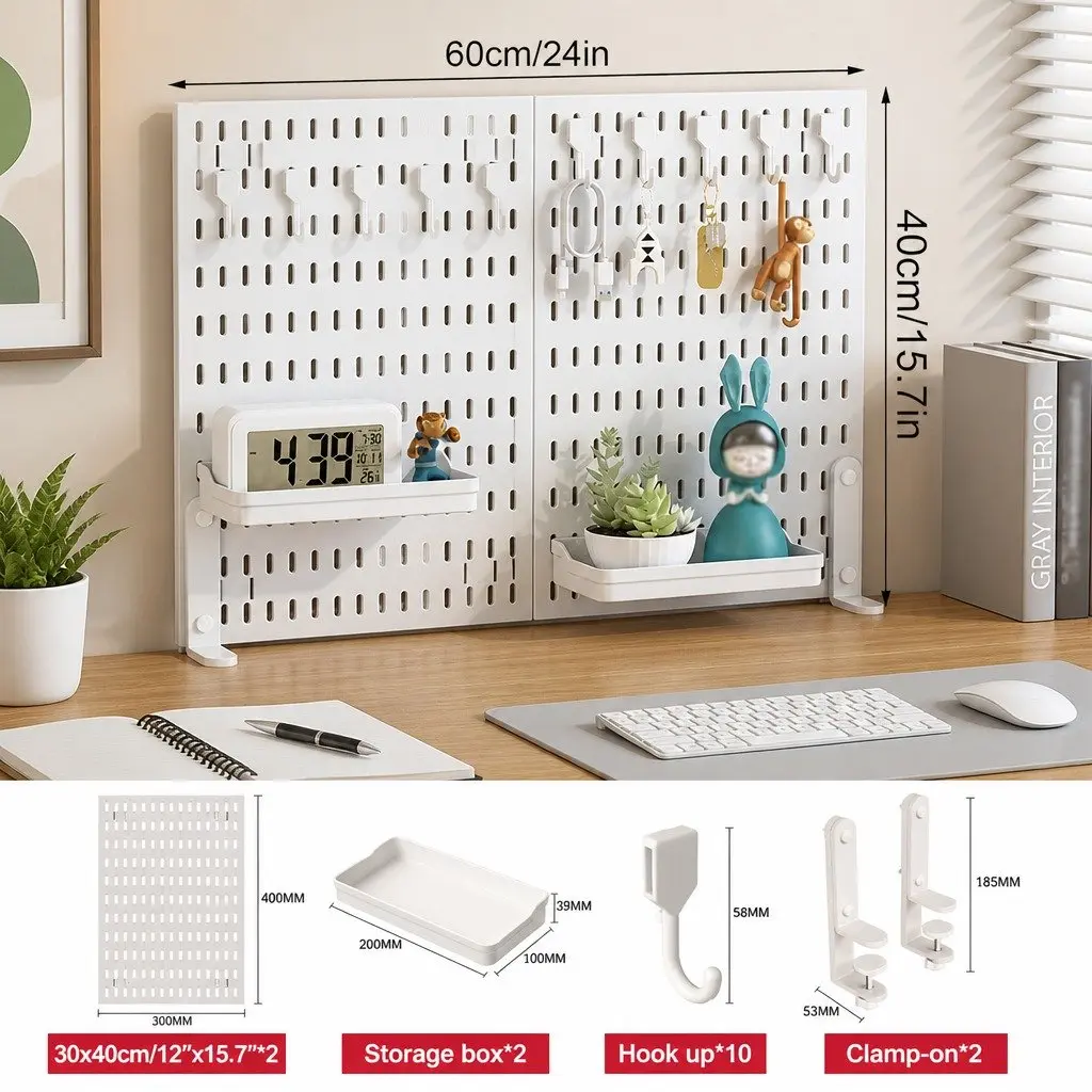 Desk Pegboard Organizer Kit 2 Pack with Hooks Tray Mount Office Gaming Workspace
