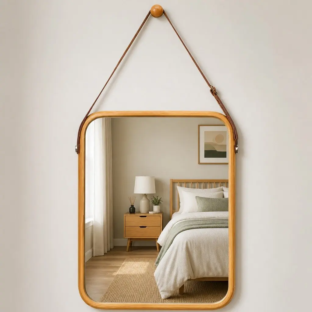 Bamboo Frame Adjustable Leather Strap Mirror