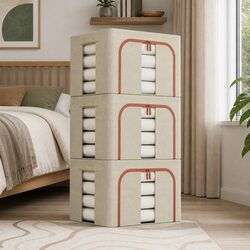 Large 66L Storage Bins - Beige, Set of 3, Sturdy Design