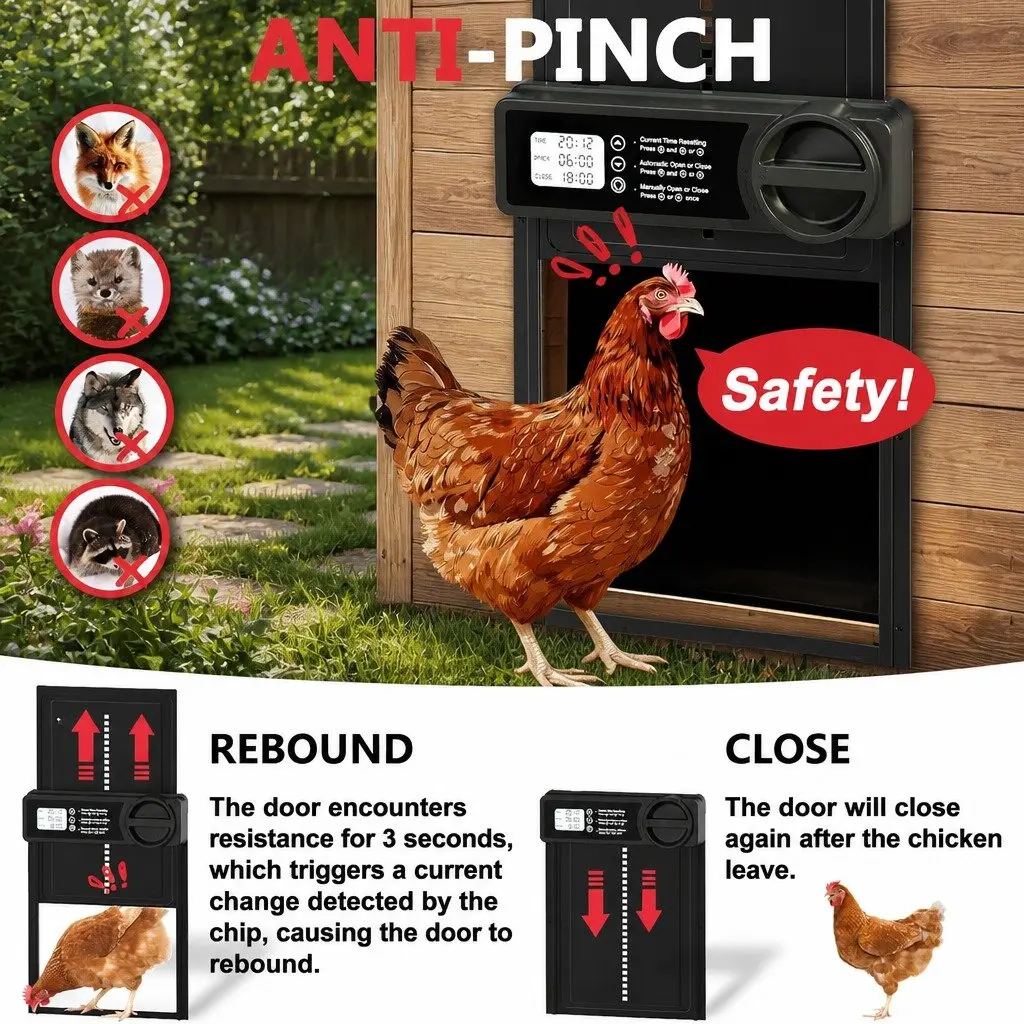 Automatic Chicken Coop Door Opener with LCD Timer Control Anti-Pinch Safety