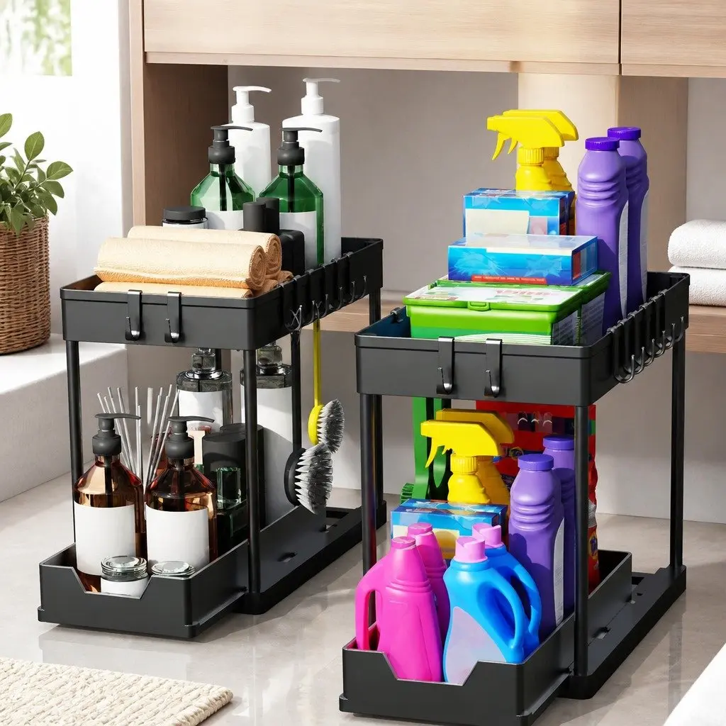 Under Sink Organizer 2 Pack Pull-Out Basket Hooks Bathroom Kitchen Storage