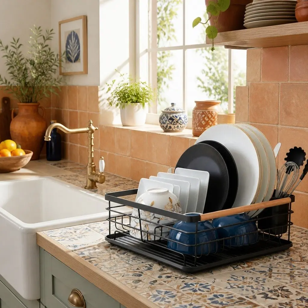 Dish Drying Rack with Wooden Handles Removable Cutlery Holder Drainboard
