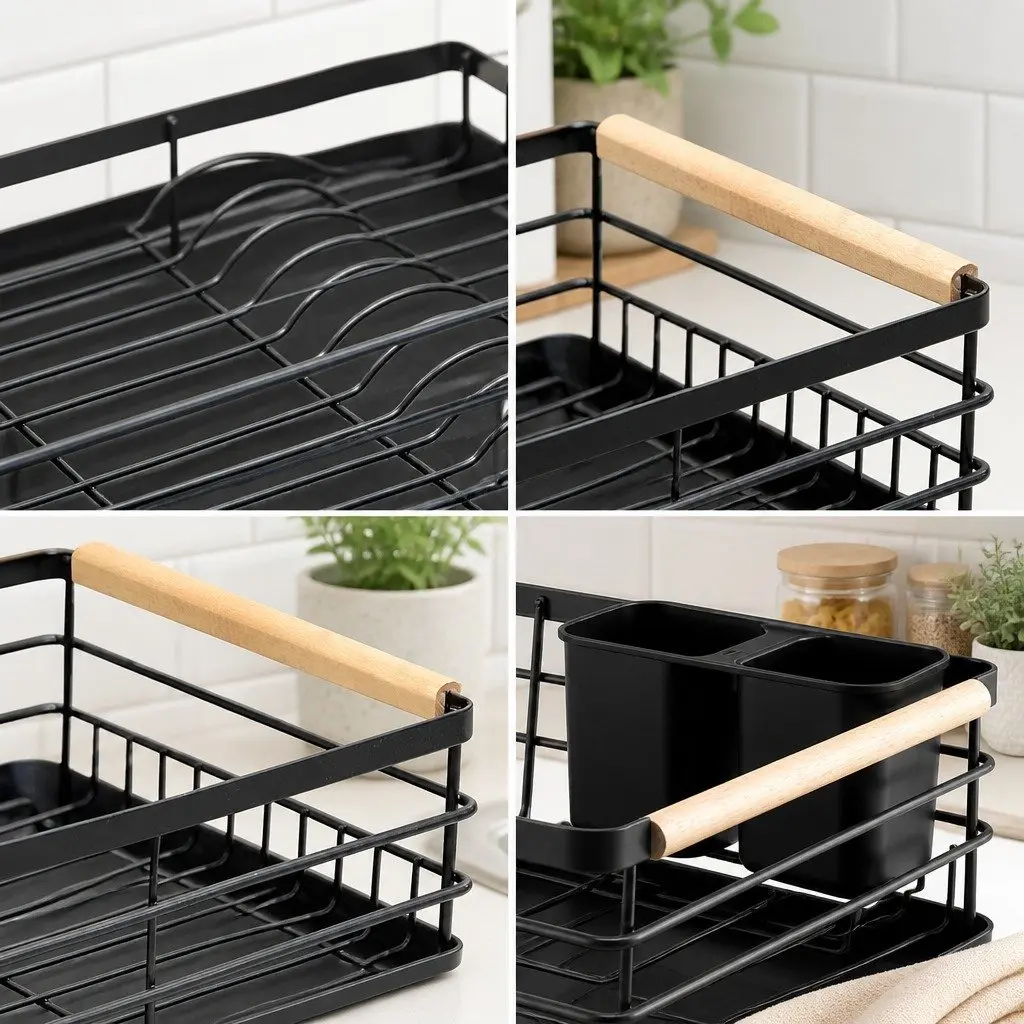 Dish Drying Rack with Wooden Handles Removable Cutlery Holder Drainboard