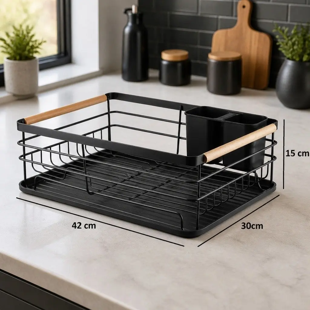 Dish Drying Rack with Wooden Handles Removable Cutlery Holder Drainboard