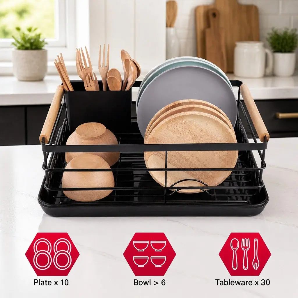 Dish Drying Rack with Wooden Handles Removable Cutlery Holder Drainboard