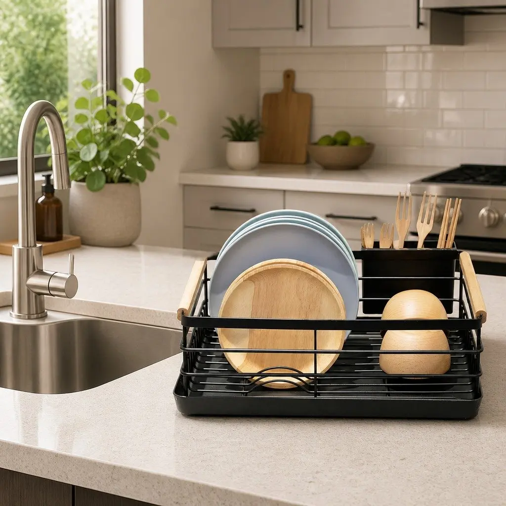 Dish Drying Rack with Wooden Handles Removable Cutlery Holder Drainboard