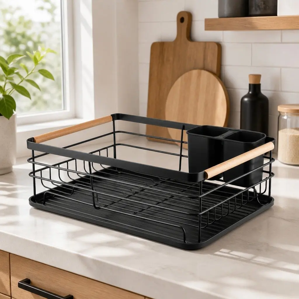 Dish Drying Rack with Wooden Handles Removable Cutlery Holder Drainboard