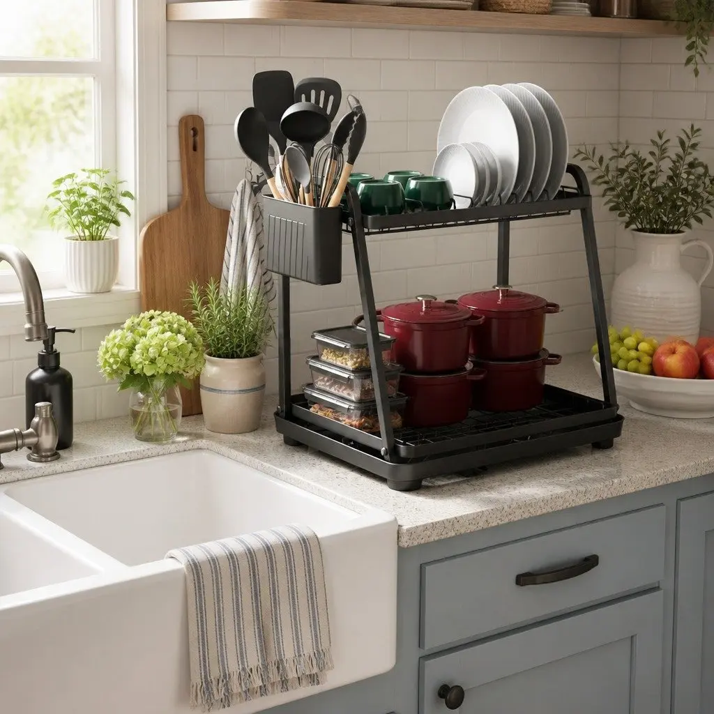2-Tier Dish Drying Rack for Kitchen Countertop with Drainage Tray Utensil