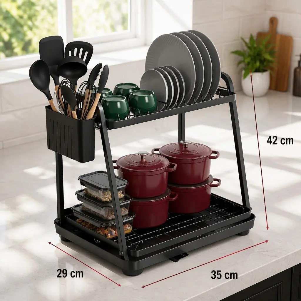 2-Tier Dish Drying Rack for Kitchen Countertop with Drainage Tray Utensil