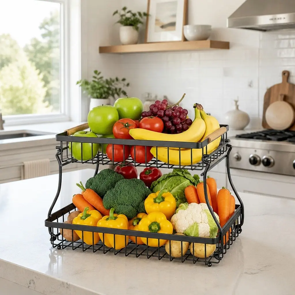 2-Tier Metal Fruit Basket Kitchen Counter Storage Organizer 37 x 24 x 22 cm