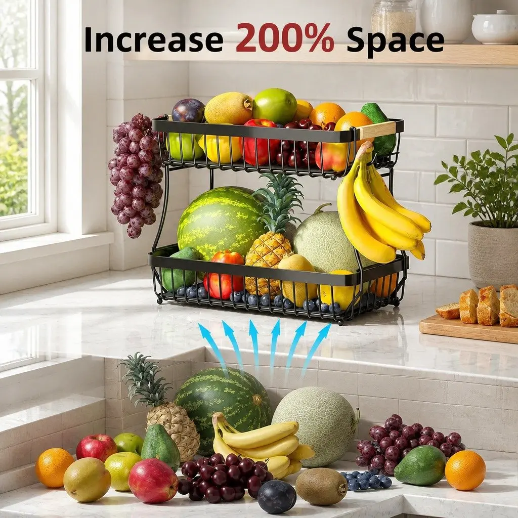2-Tier Metal Fruit Basket Kitchen Counter Storage Organizer 37 x 24 x 22 cm