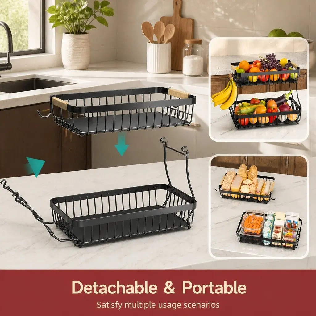 2-Tier Metal Fruit Basket Kitchen Counter Storage Organizer 37 x 24 x 22 cm
