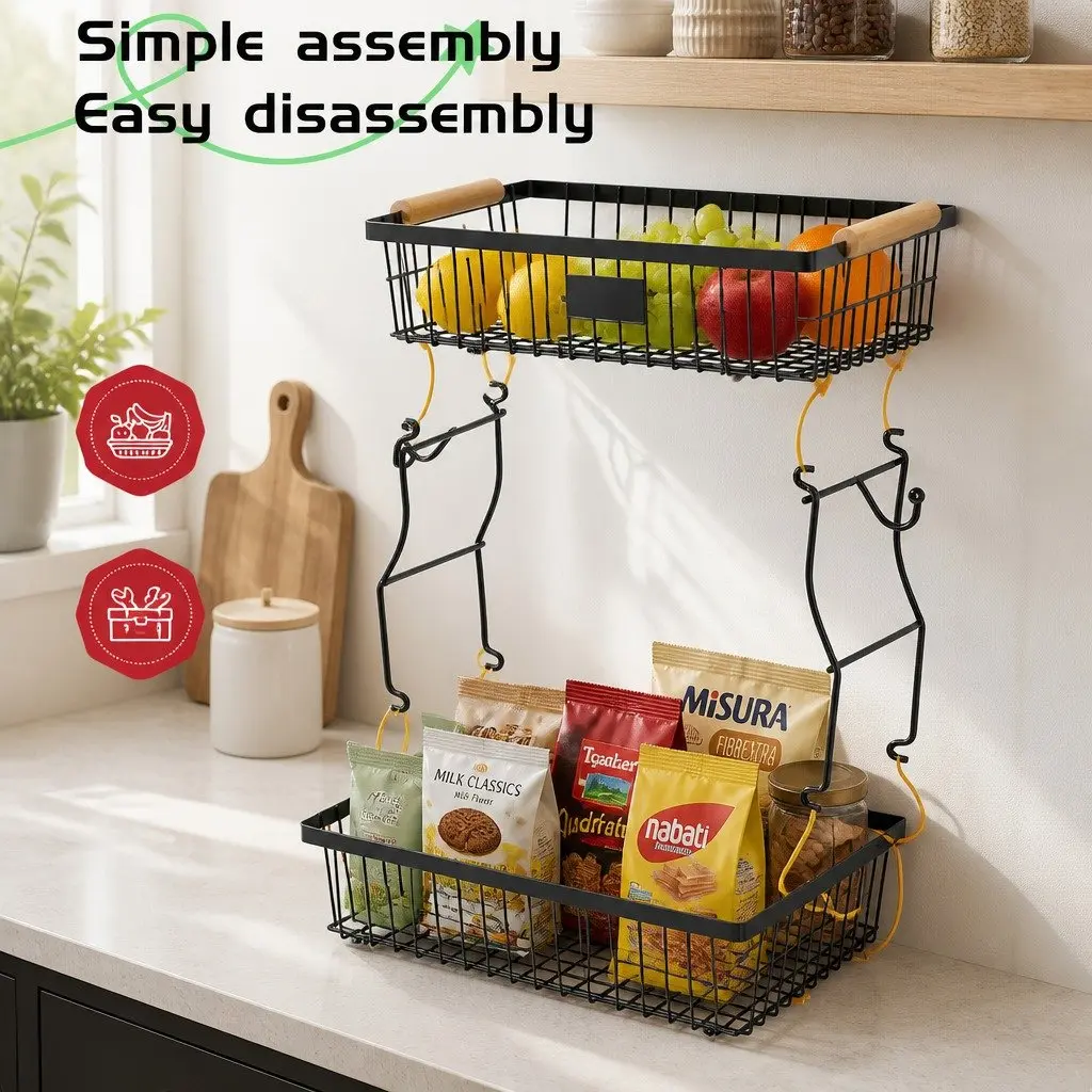 2-Tier Metal Fruit Basket Kitchen Counter Storage Organizer 37 x 24 x 22 cm