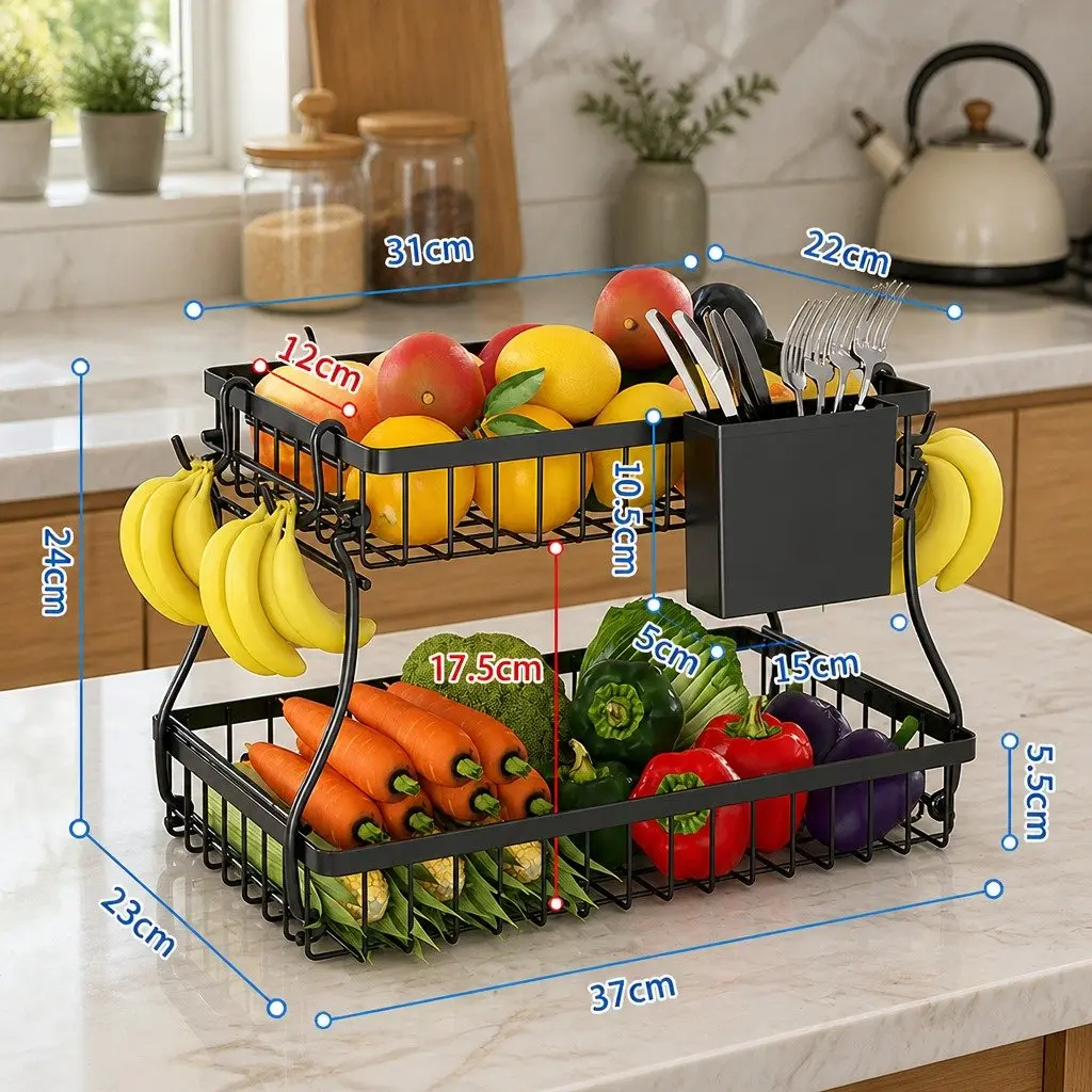 2-Tier Metal Fruit Basket Kitchen Counter Storage Organizer 37 x 24 x 22 cm