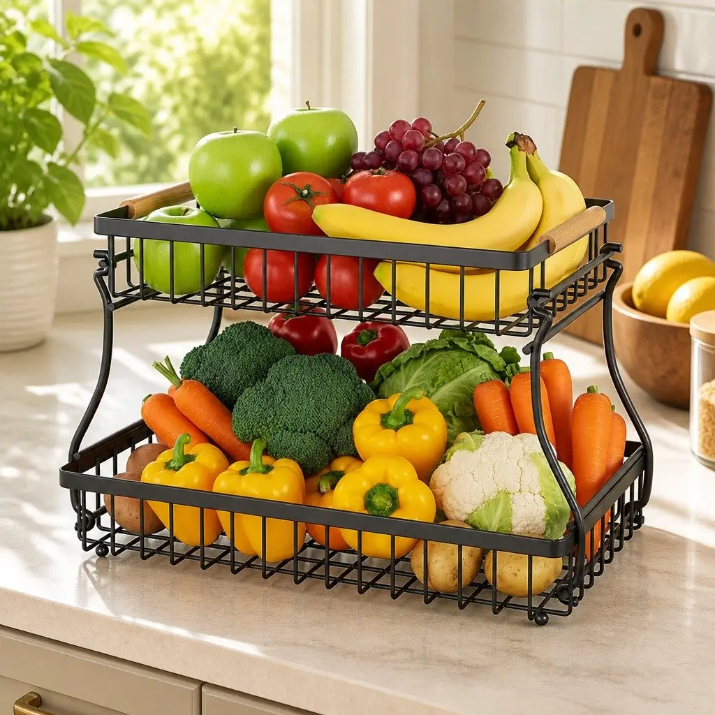 2-Tier Metal Fruit Basket Kitchen Counter Storage Organizer 37 x 24 x 22 cm