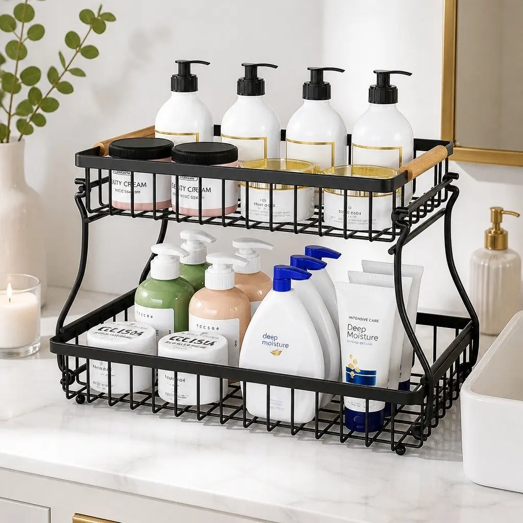 2-Tier Metal Fruit Basket Kitchen Counter Storage Organizer 37 x 24 x 22 cm