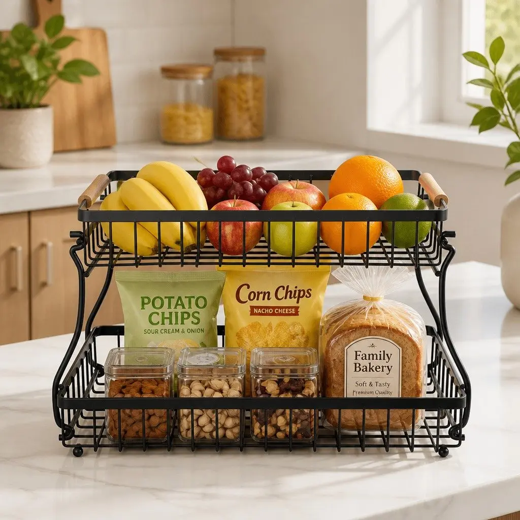 2-Tier Metal Fruit Basket Kitchen Counter Storage Organizer 37 x 24 x 22 cm