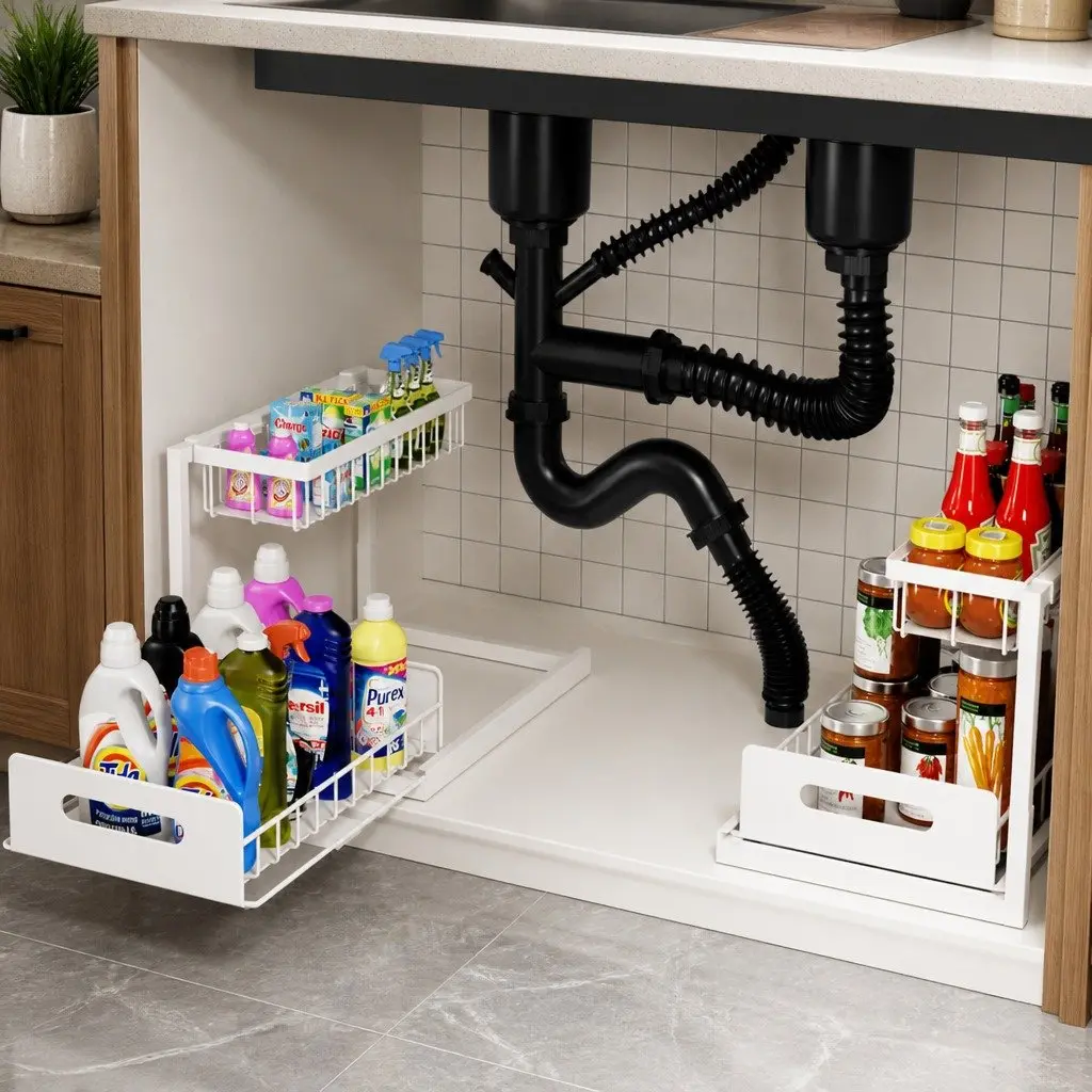 Under Sink Organiser 2 Tier Sliding Drawers Kitchen Bathroom Cabinet Storage